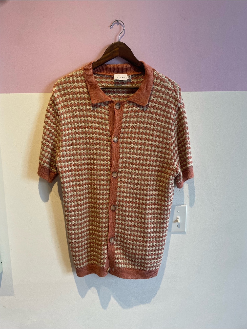 Topman Rust and Cream Houndstooth Knit Button-Down Shirt